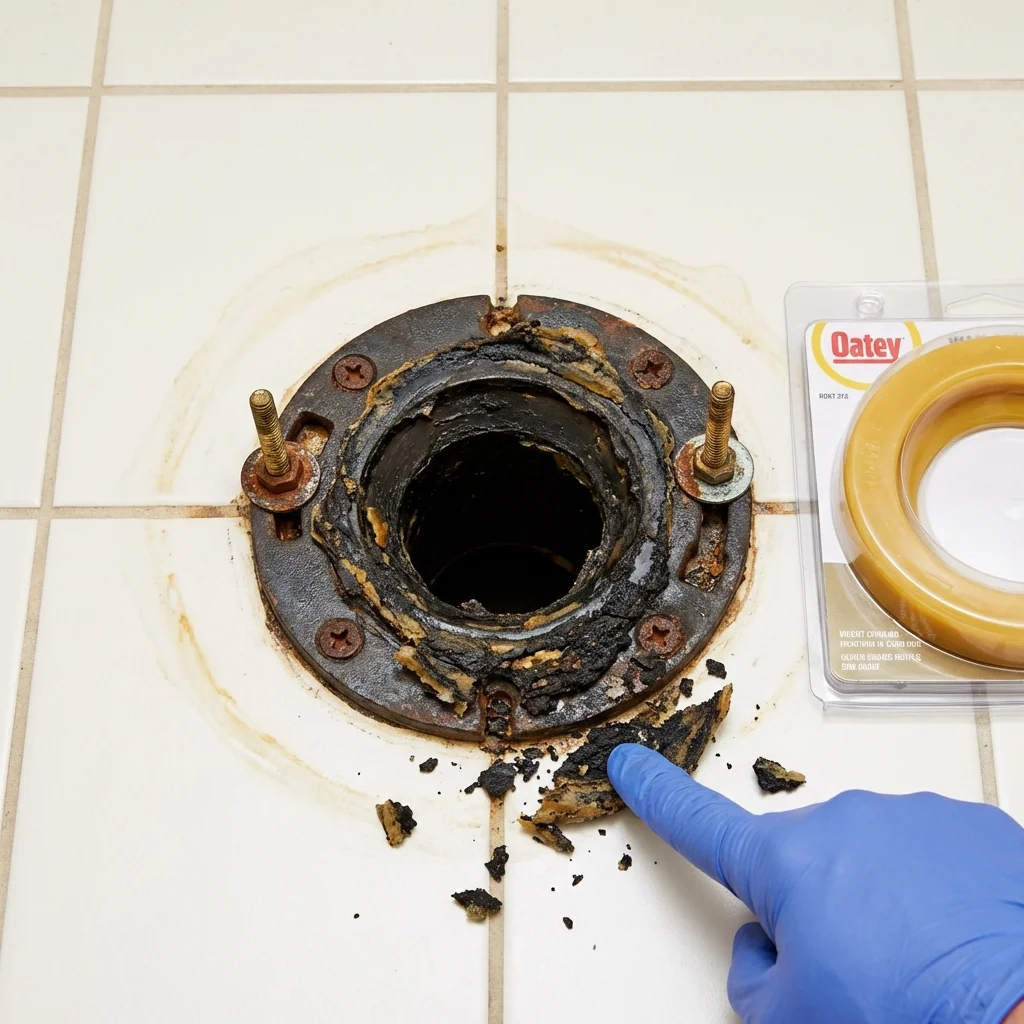 Failed wax ring showing water seepage at the base of a toilet in a Carthage, TN home
