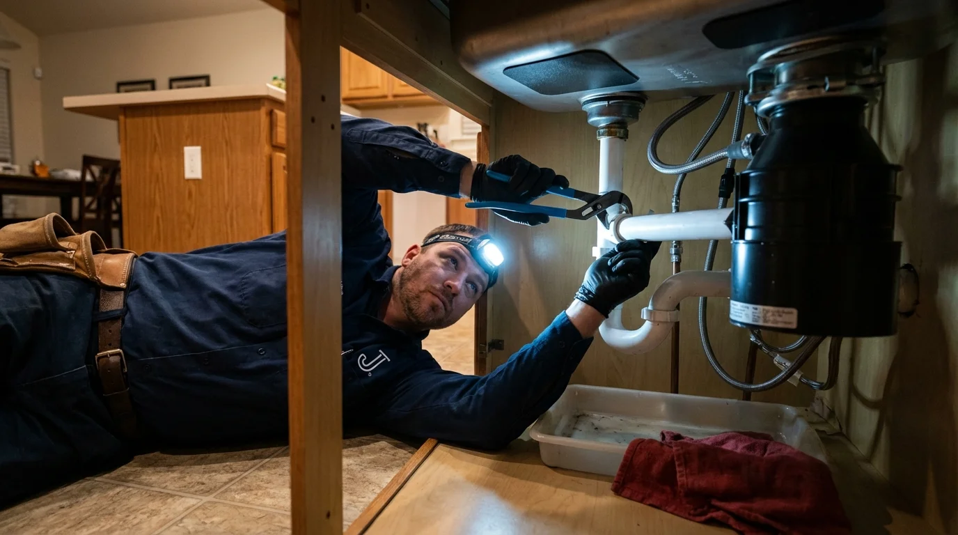 P-trap and supply line connections under a kitchen sink showing a common leak point in Carthage, TN